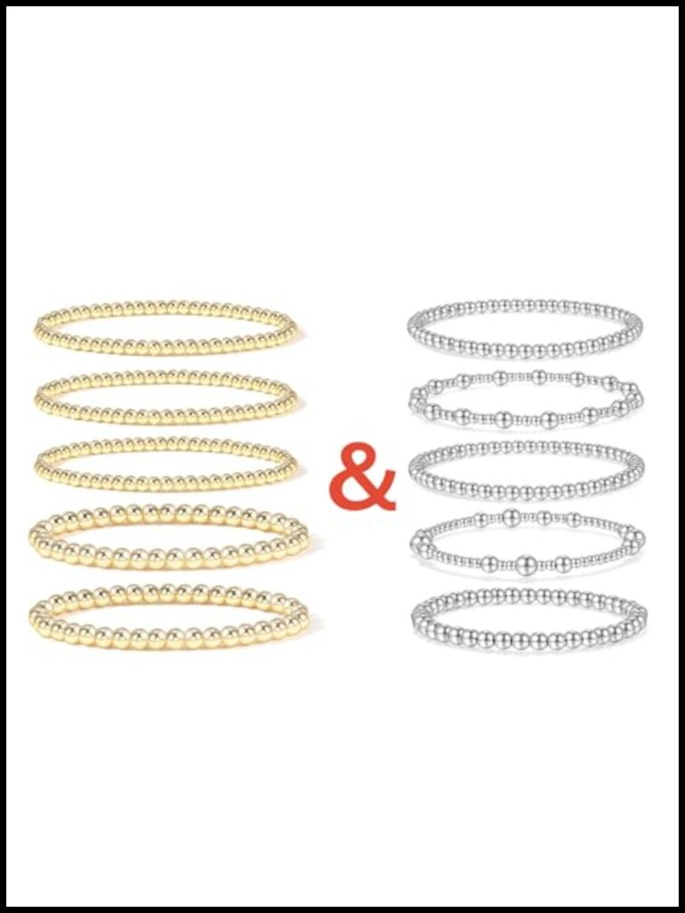 5pcs Gold & Silver Bead Bracelet Set 14K Gold Plated Elastic Stackable Bohemian